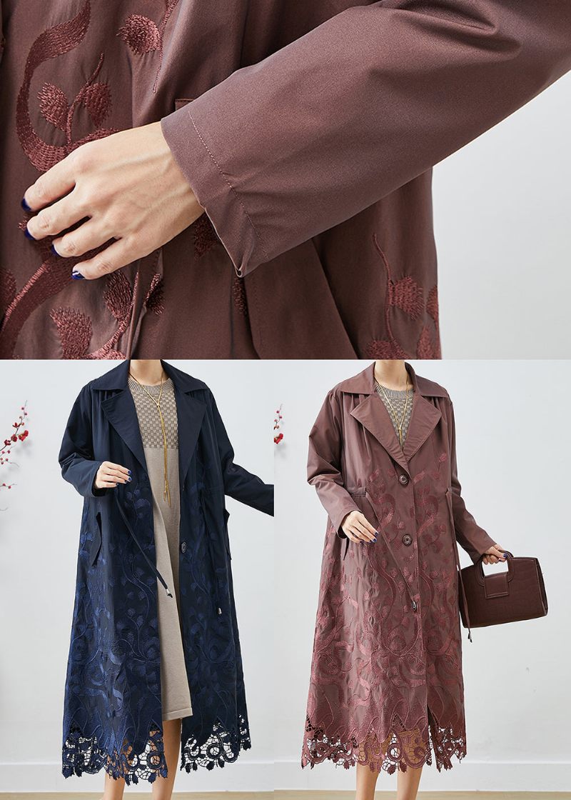 Bohemian Navy Broderad Tie Midja Spandex Trench Coats Höst - Trenchcoats för kvinnor