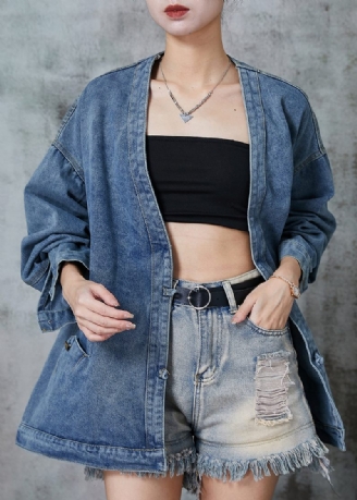 Bohemian Navy Oversized Chinese Button Denim Coats Spring