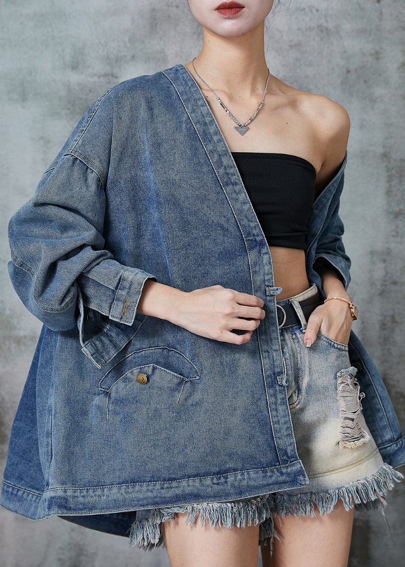 Bohemian Navy Oversized Chinese Button Denim Coats Spring - Vinterkappor för kvinnor