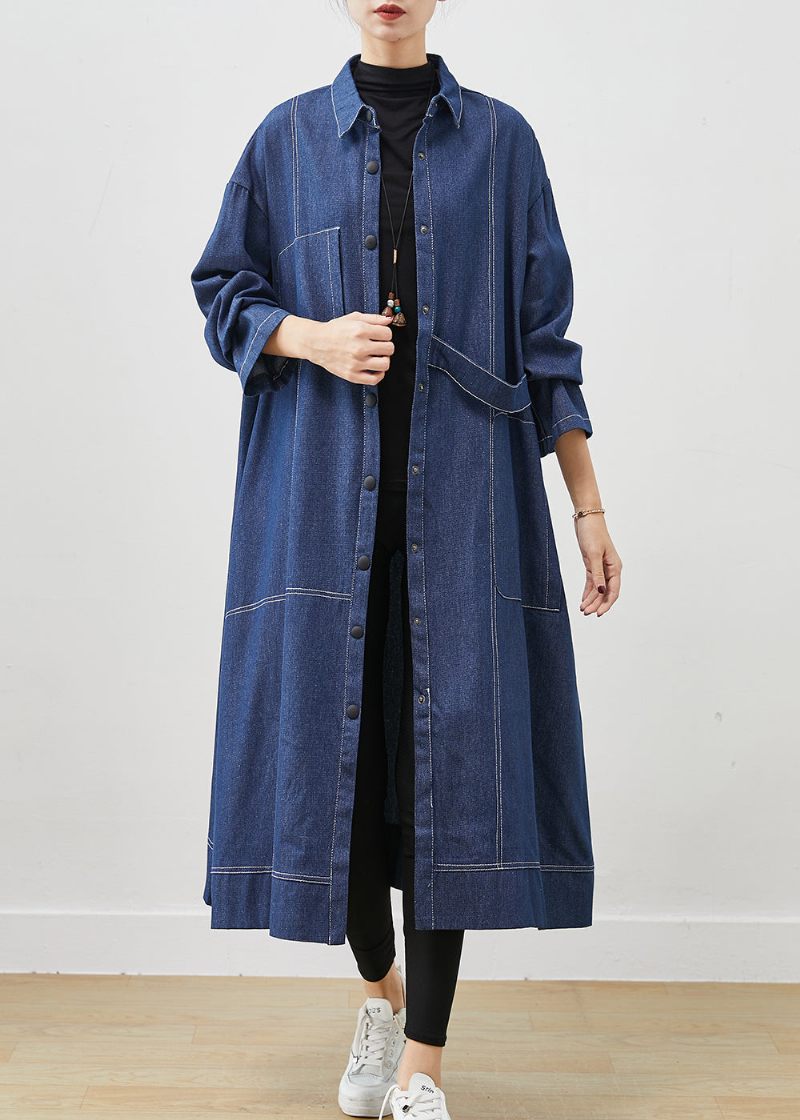 Bohemian Navy Oversized Fickor Denim Coat Spring - Trenchcoats för kvinnor