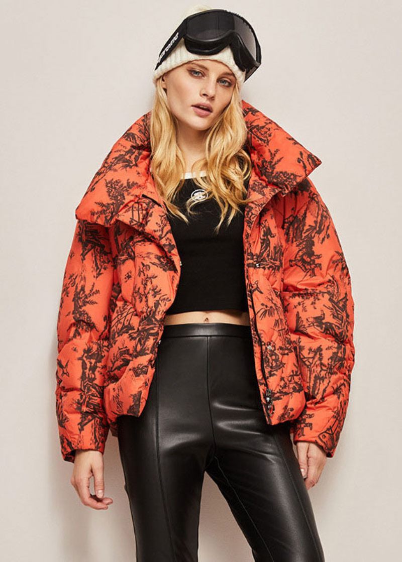 Bohemian Orange Stativ Krage Zip Up Print Dunjackor Vinter