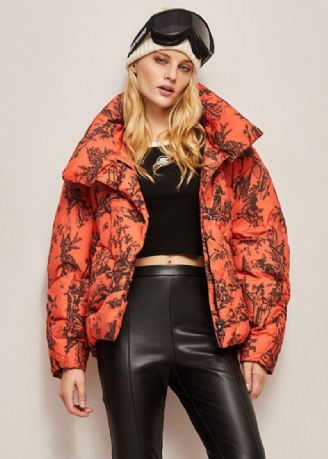 Bohemian Orange Stativ Krage Zip Up Print Dunjackor Vinter