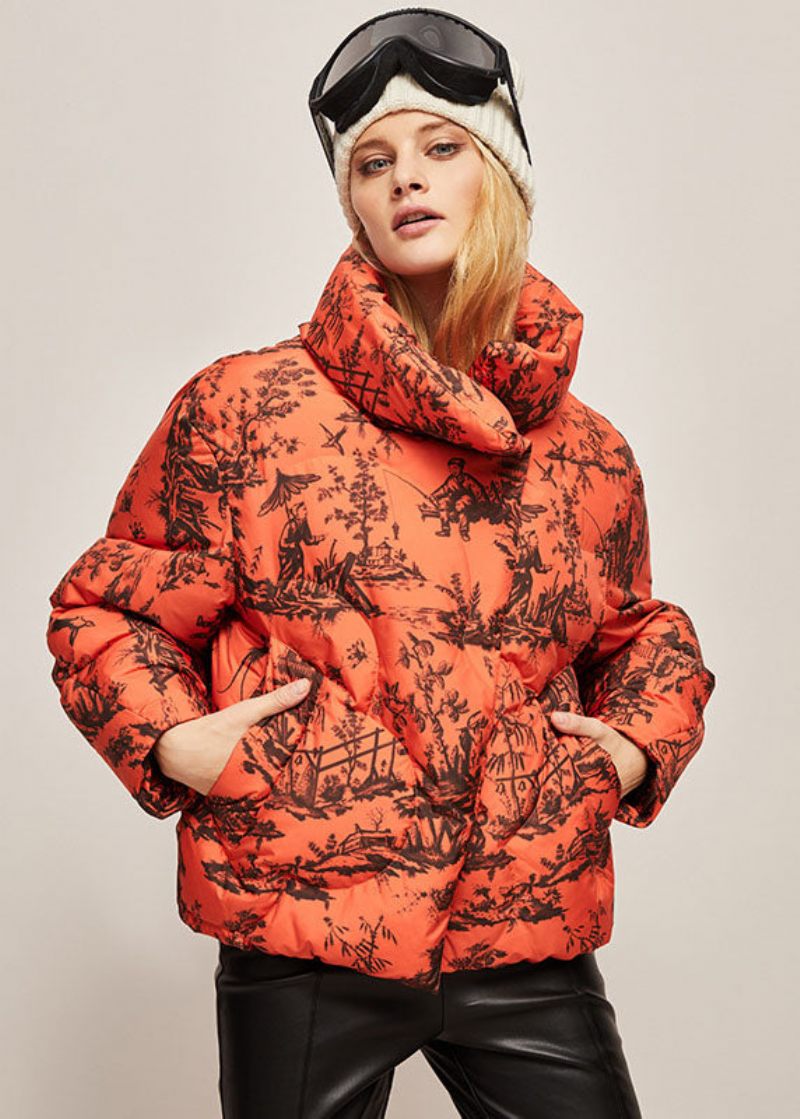 Bohemian Orange Stativ Krage Zip Up Print Dunjackor Vinter - Orange