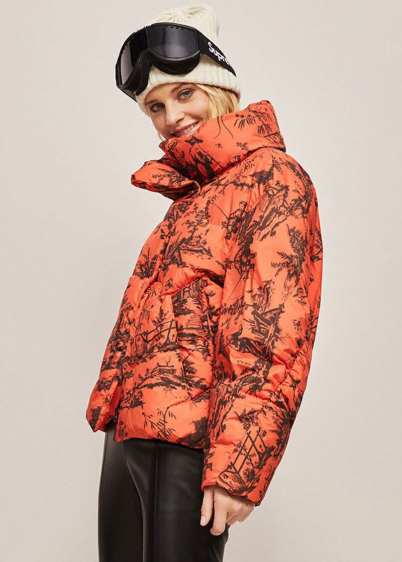 Bohemian Orange Stativ Krage Zip Up Print Dunjackor Vinter - Orange