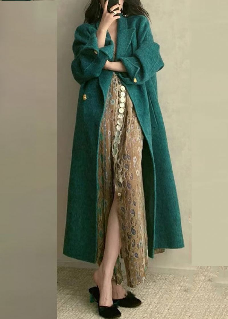 Bohemian Peacock Blå Naggade Fickor Woolen Maxi Coats Långärmad - Ullrockar för kvinnor