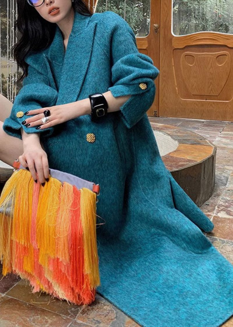 Bohemian Peacock Blå Naggade Fickor Woolen Maxi Coats Långärmad - Ullrockar för kvinnor