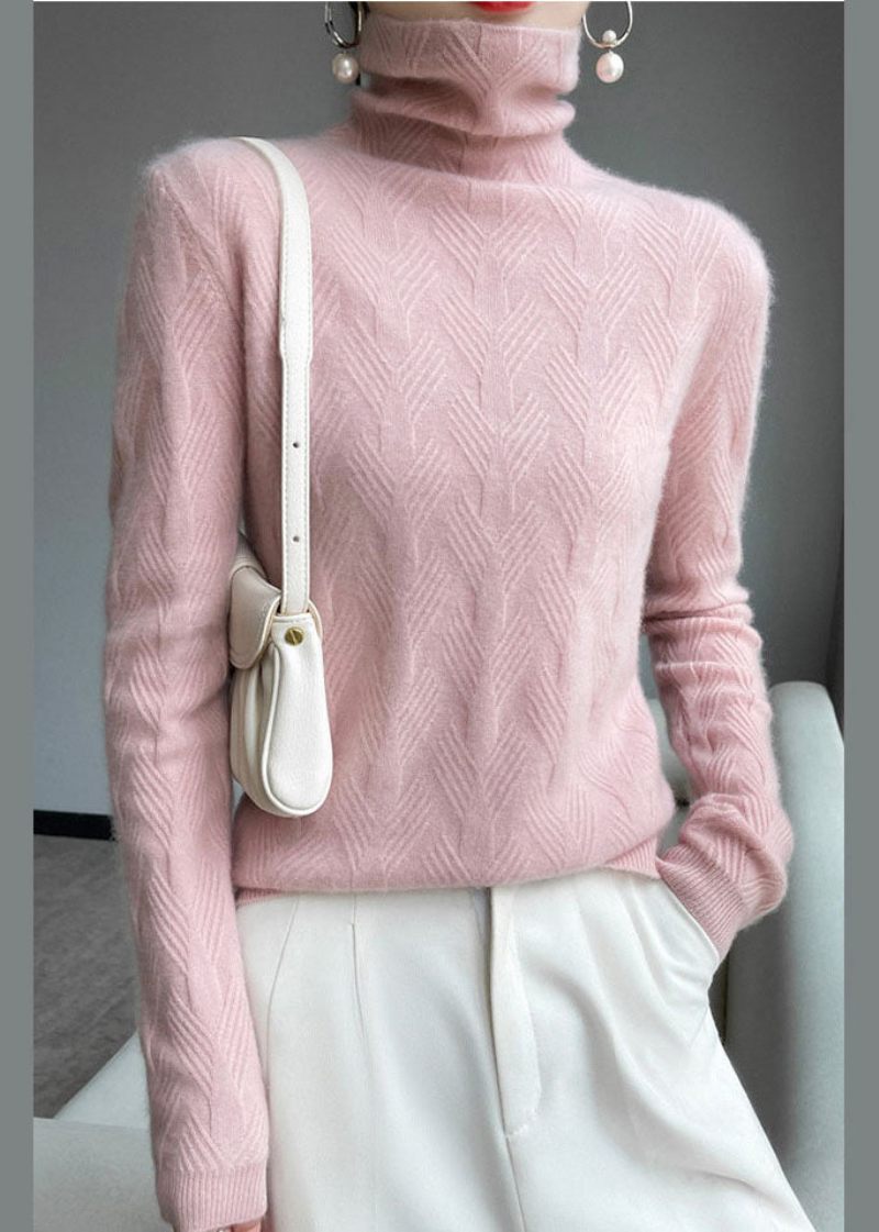 Bohemian Pink Turtle Neck Tjock Ull Stickad Topp Vinter - Ullrockar för kvinnor