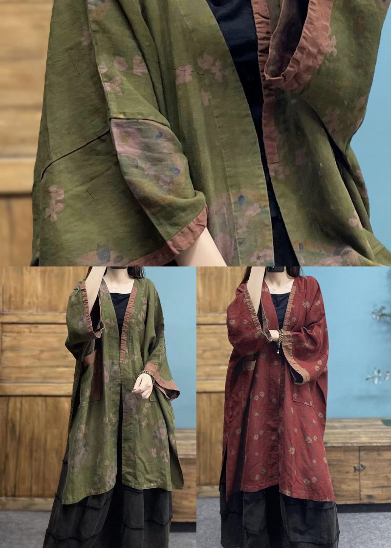 Bohemian Plus Size Grön V Neck Print Linne Cardigans Spring - Koftor för kvinnor