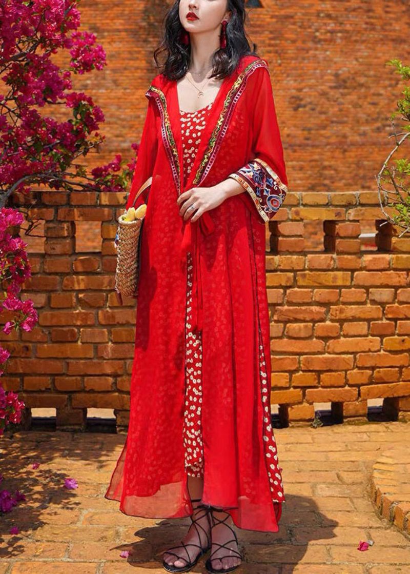 Bohemian Red Hooded Lace Up Chiffong Long Cardigans Spring