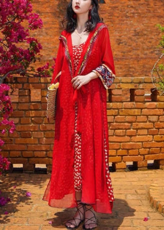 Bohemian Red Hooded Lace Up Chiffong Long Cardigans Spring