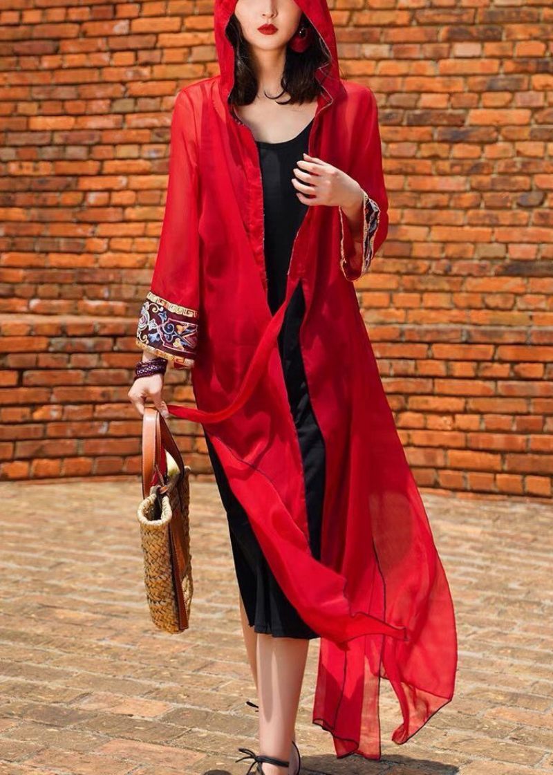 Bohemian Red Hooded Lace Up Chiffong Long Cardigans Spring - Koftor för kvinnor