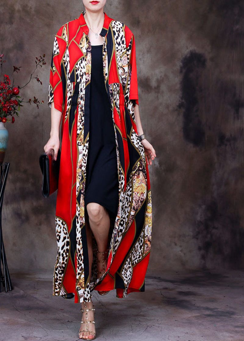 Bohemian Red Stand Collar Leopard Print Chiffong Long Cardigans Summer