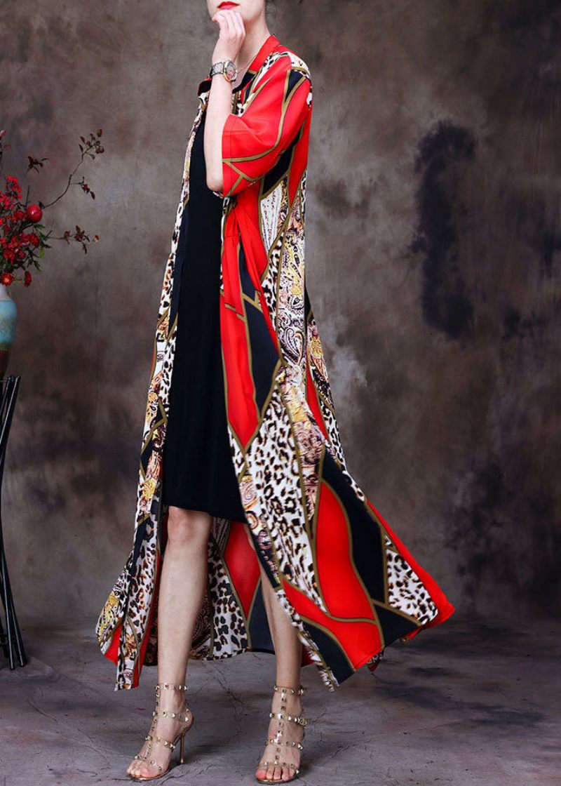 Bohemian Red Stand Collar Leopard Print Chiffong Long Cardigans Summer - Koftor för kvinnor