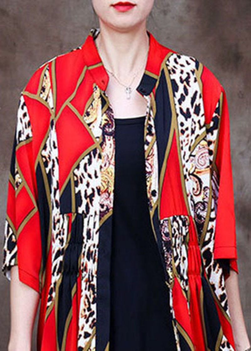 Bohemian Red Stand Collar Leopard Print Chiffong Long Cardigans Summer - Koftor för kvinnor