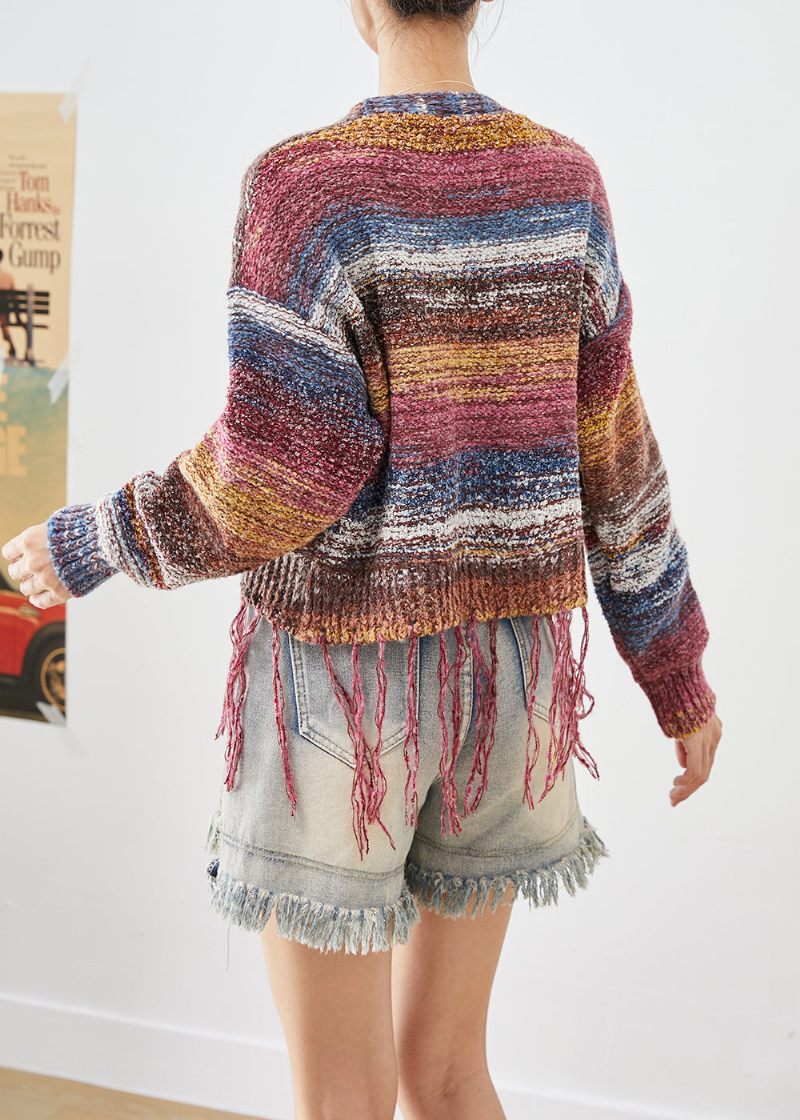 Bohemian Tasseled Tie Dye Knit Jacka Fall - Koftor för kvinnor