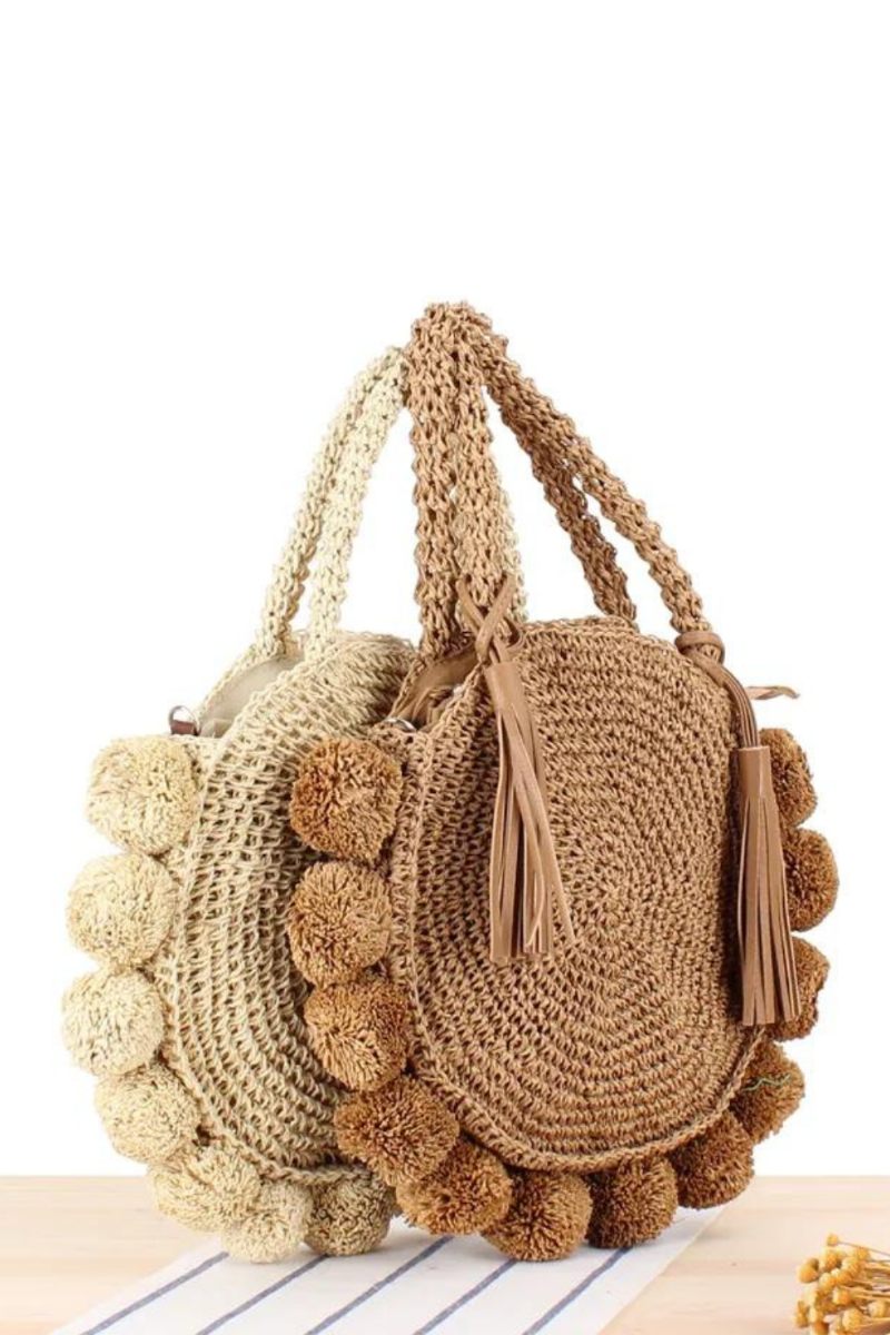 Bohemian Tofs Rotting Kvinnor Handväskor Vävd Crossbody Axelväskor Designer Ball Summer Beach Purse