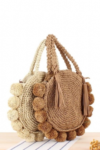 Bohemian Tofs Rotting Kvinnor Handväskor Vävd Crossbody Axelväskor Designer Ball Summer Beach Purse