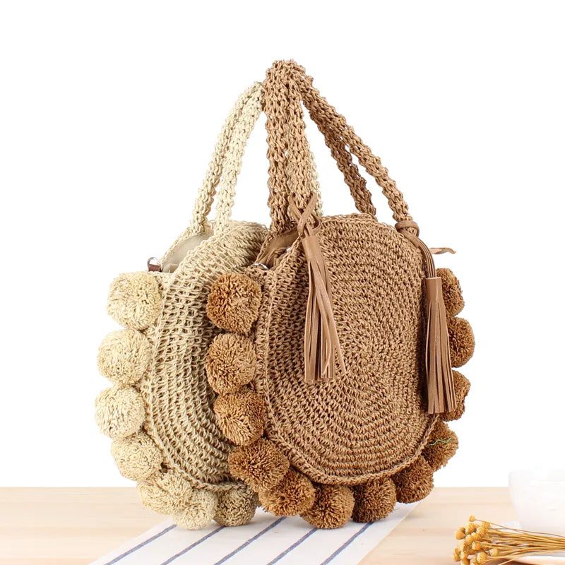 Bohemian Tofs Rotting Kvinnor Handväskor Vävd Crossbody Axelväskor Designer Ball Summer Beach Purse - Beige