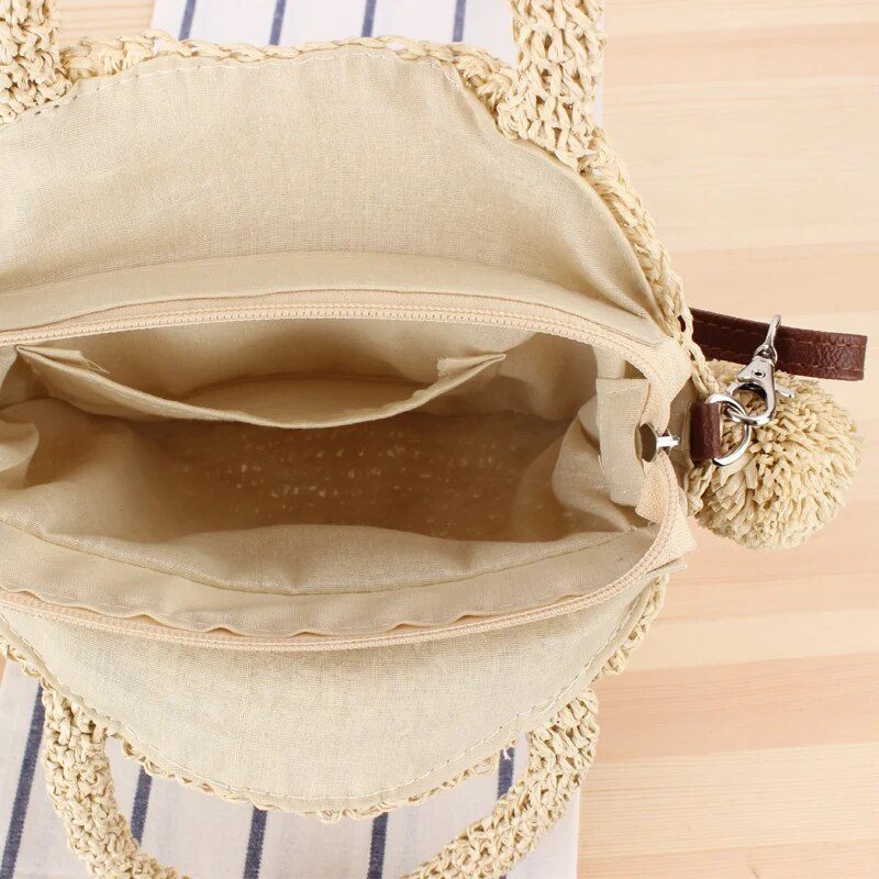 Bohemian Tofs Rotting Kvinnor Handväskor Vävd Crossbody Axelväskor Designer Ball Summer Beach Purse - Beige