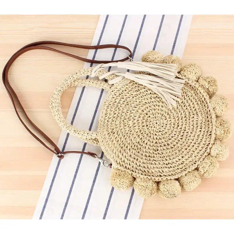 Bohemian Tofs Rotting Kvinnor Handväskor Vävd Crossbody Axelväskor Designer Ball Summer Beach Purse - Beige