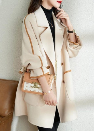 Bohemian White Lapel Patchwork Pu Ylle Trenchcoat Höst