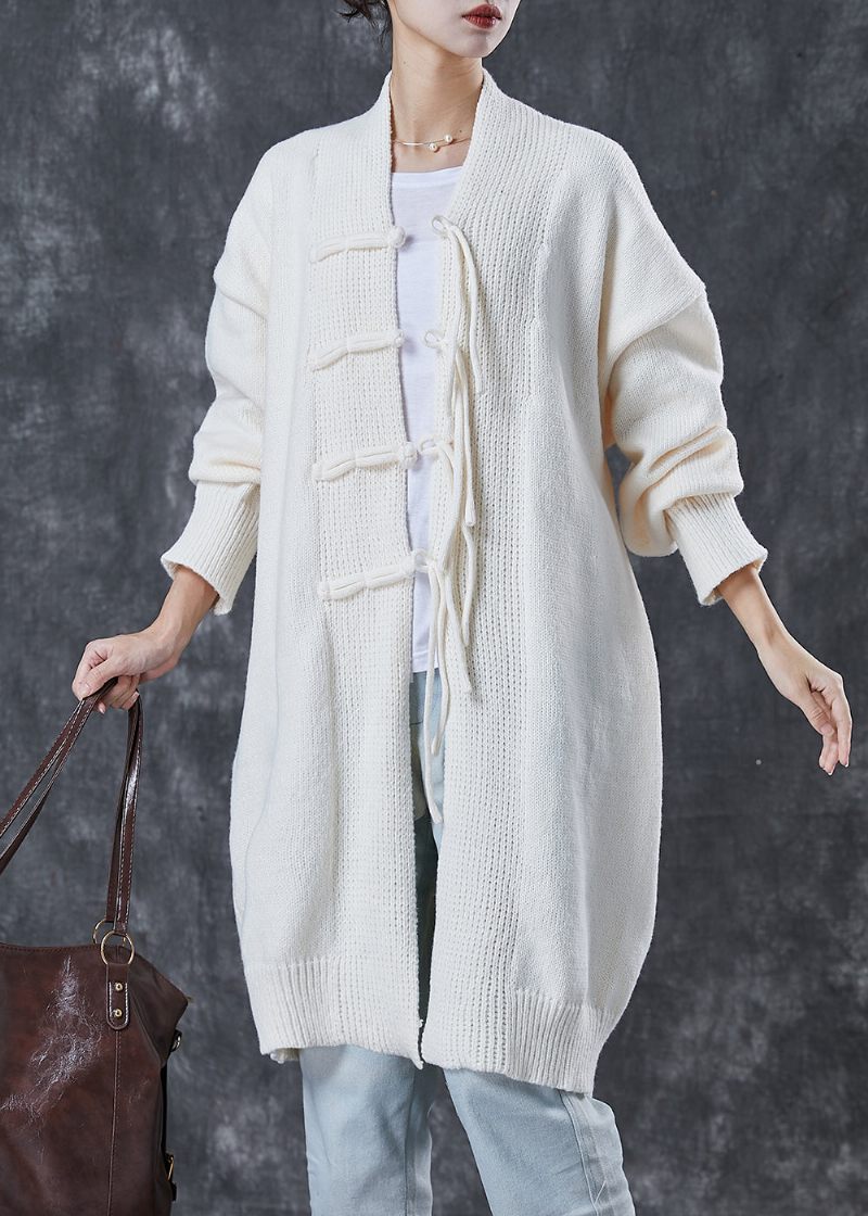 Bohemian White Oversized Kinesisk Knappstickad Cardigans Spring