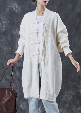 Bohemian White Oversized Kinesisk Knappstickad Cardigans Spring