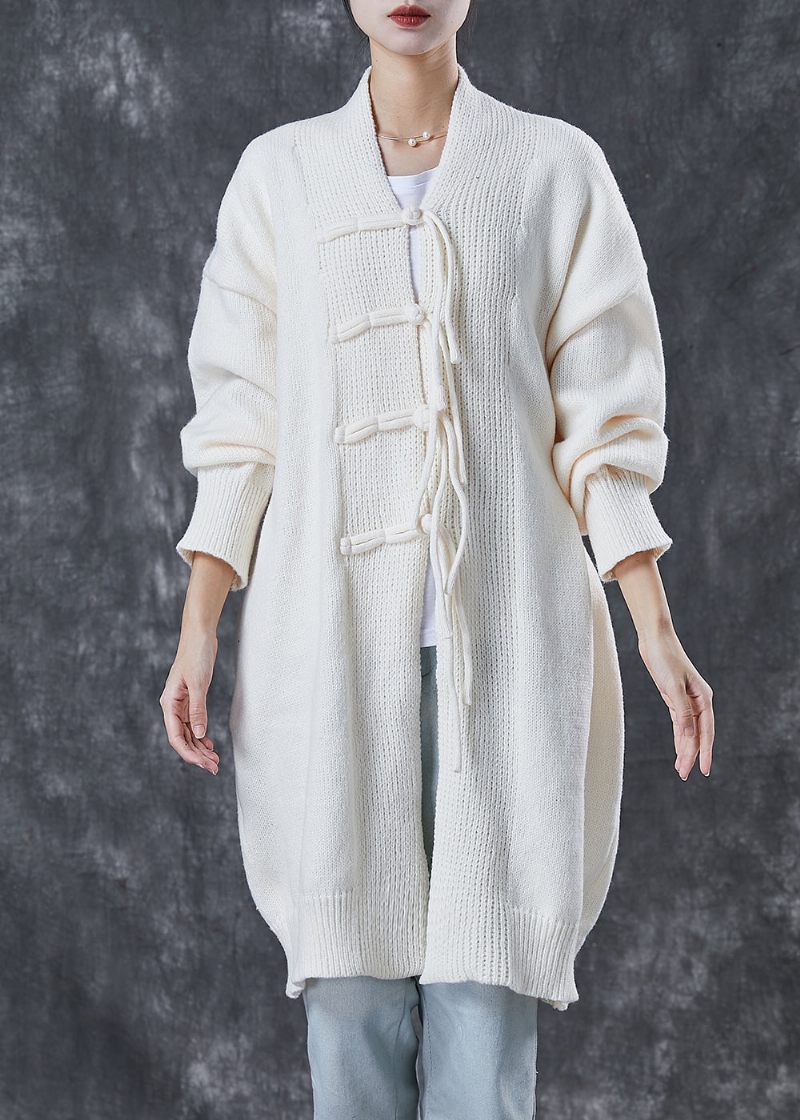 Bohemian White Oversized Kinesisk Knappstickad Cardigans Spring - Koftor för kvinnor