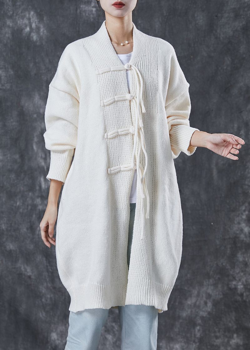 Bohemian White Oversized Kinesisk Knappstickad Cardigans Spring - Koftor för kvinnor