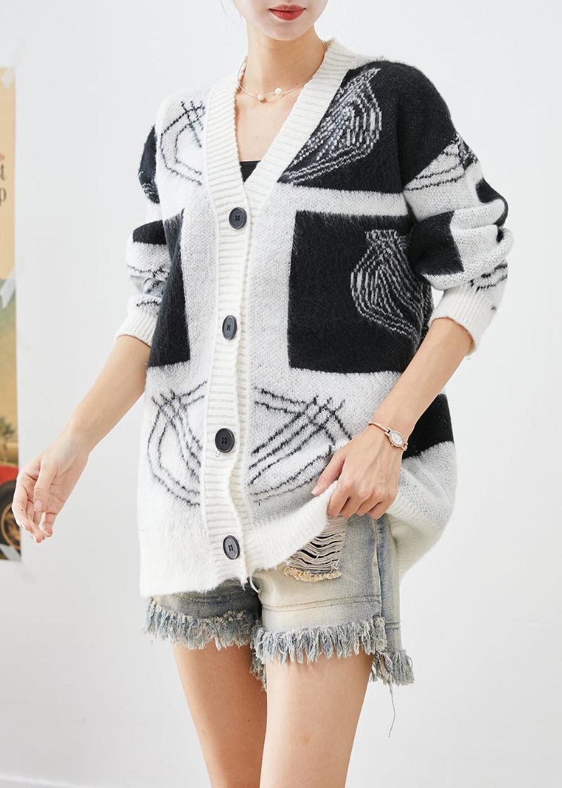 Bohemian White Oversized Print Button Down Knit Cardigans Fall - Koftor för kvinnor