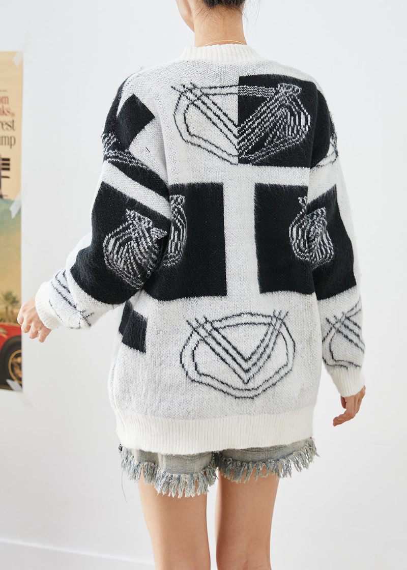 Bohemian White Oversized Print Button Down Knit Cardigans Fall - Koftor för kvinnor