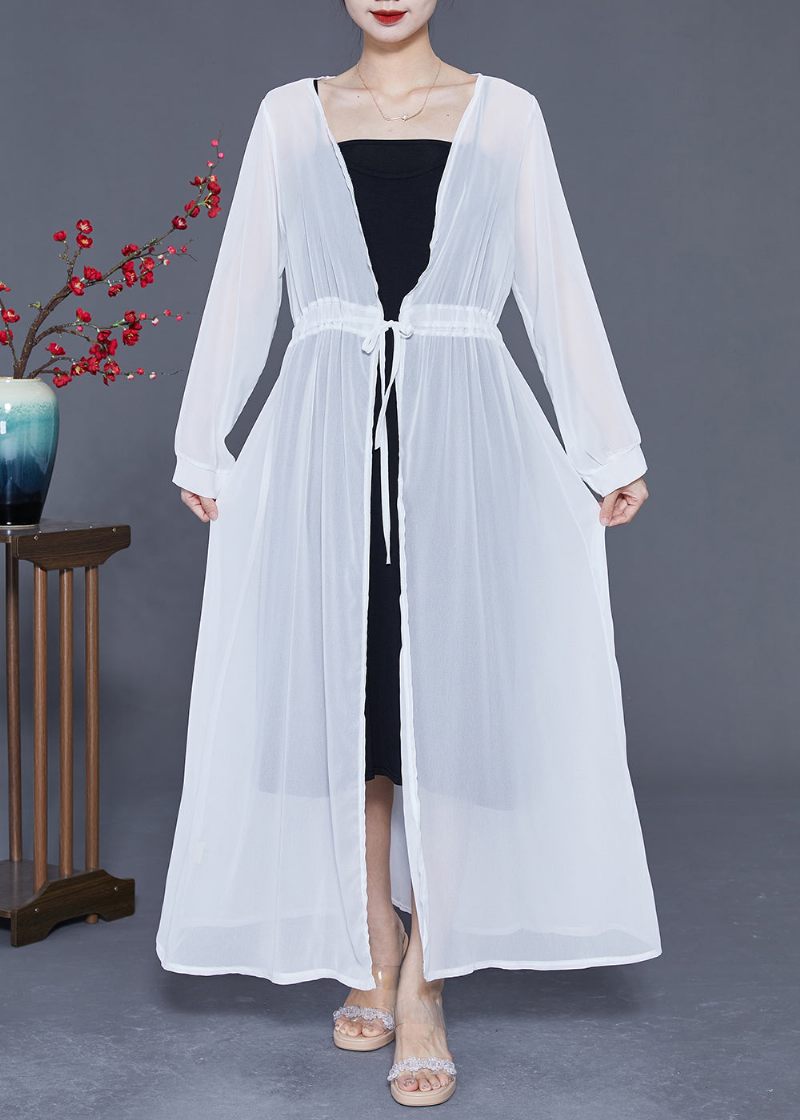 Bohemian White Tie Midja Exra Large Hem Chiffong Upf 50+ Coat Summer