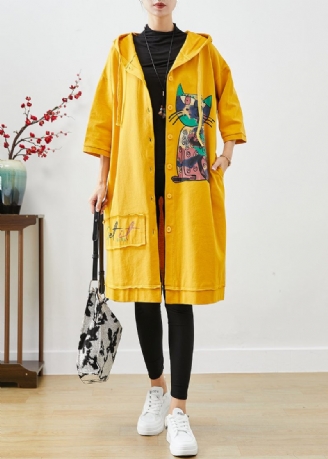 Bohemian Yellow Hooded Cat Print Cotton Coat Outwear Fall