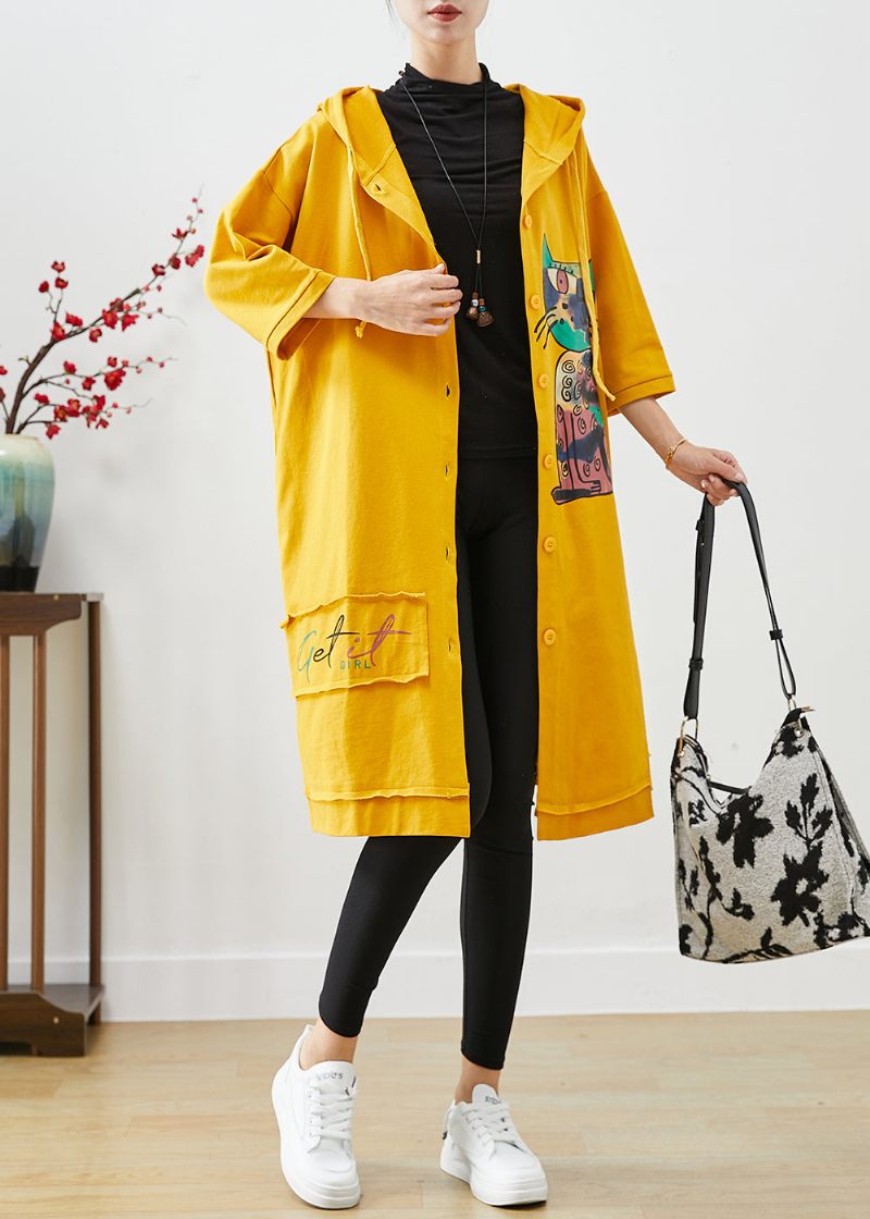 Bohemian Yellow Hooded Cat Print Cotton Coat Outwear Fall - Trenchcoats för kvinnor