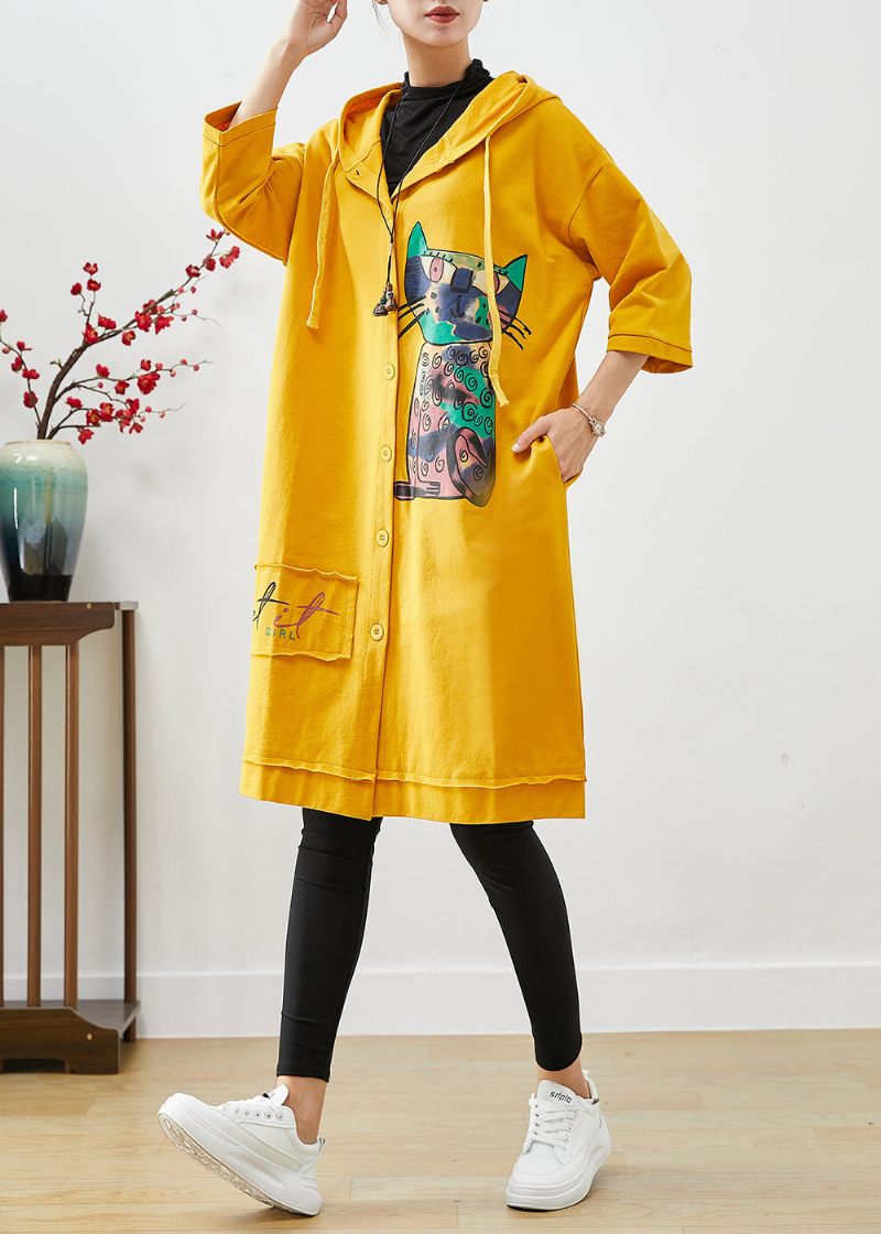 Bohemian Yellow Hooded Cat Print Cotton Coat Outwear Fall - Trenchcoats för kvinnor