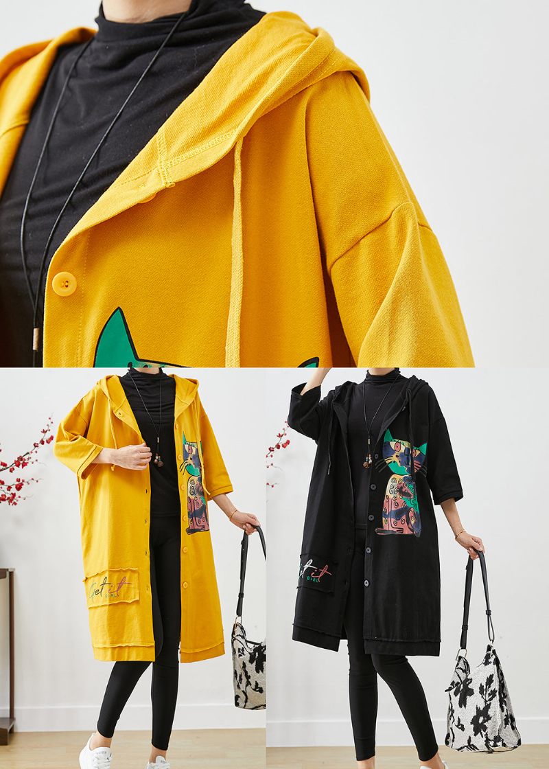 Bohemian Yellow Hooded Cat Print Cotton Coat Outwear Fall - Trenchcoats för kvinnor