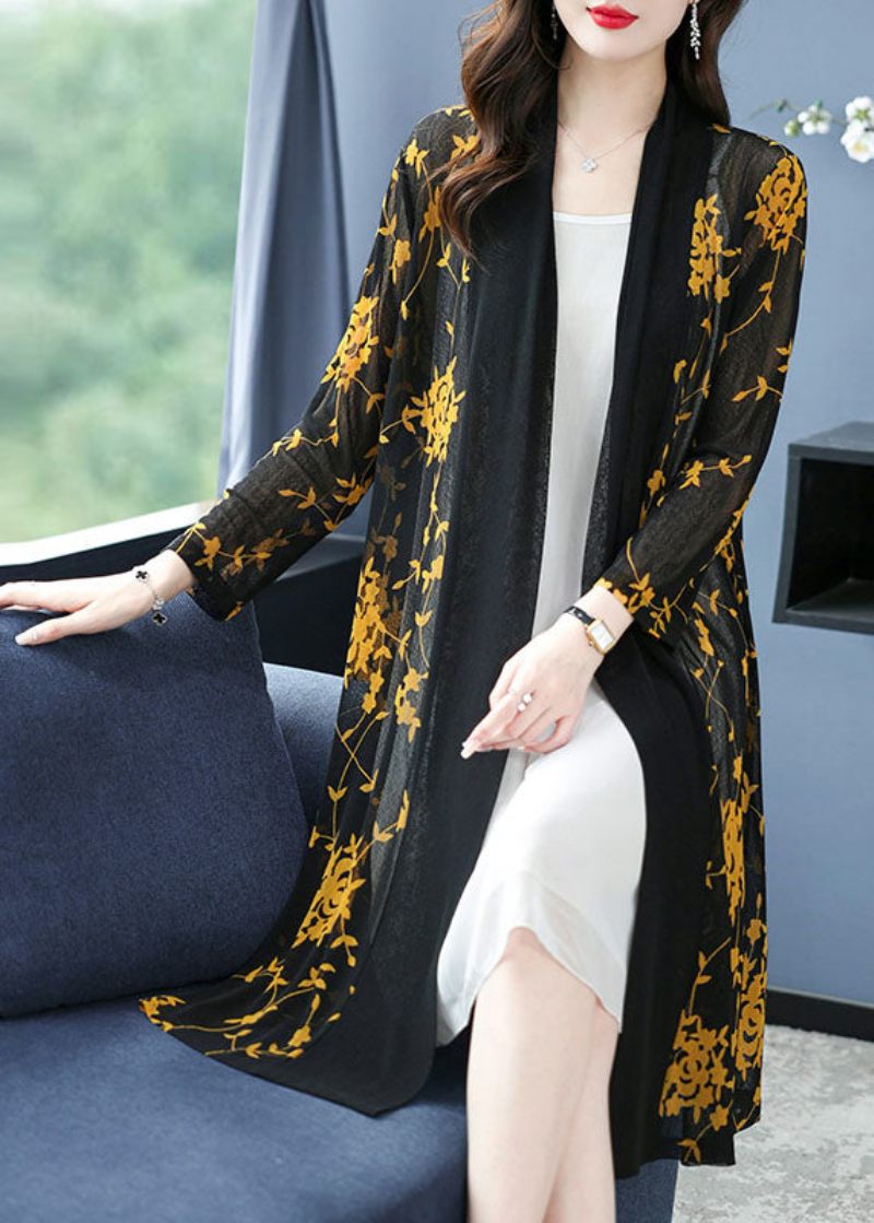 Bohemian Yellow V-neck Print Long Ice Size Chiffong Cardigans Summer