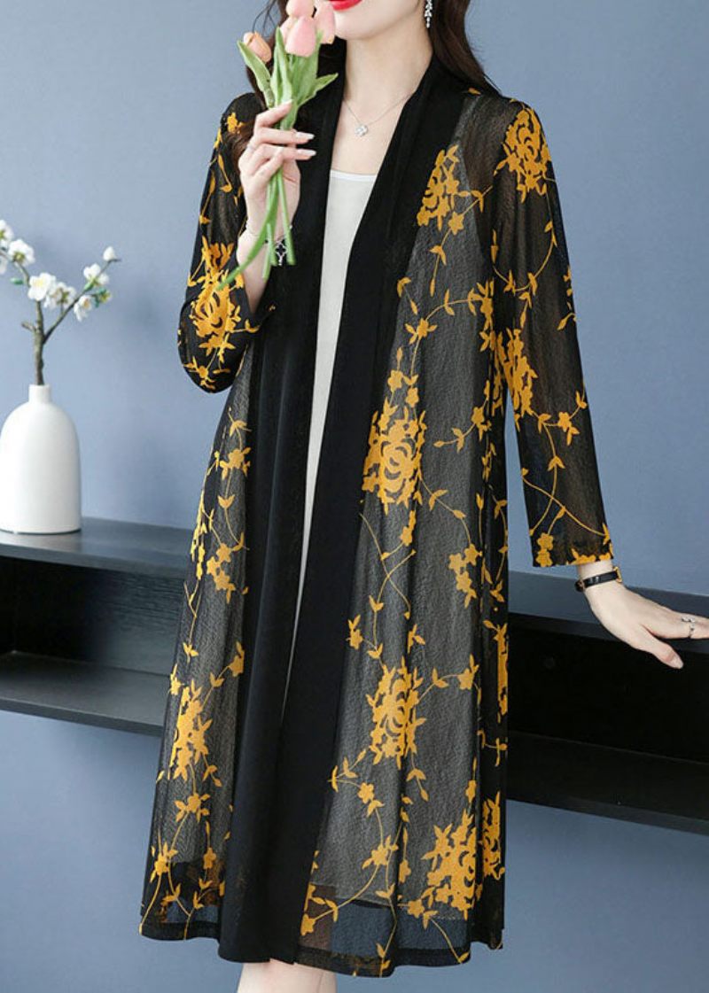 Bohemian Yellow V-neck Print Long Ice Size Chiffong Cardigans Summer - Gul