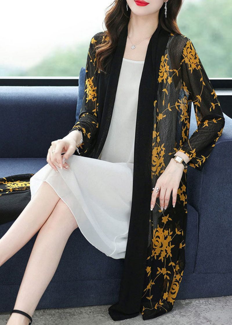 Bohemian Yellow V-neck Print Long Ice Size Chiffong Cardigans Summer - Gul