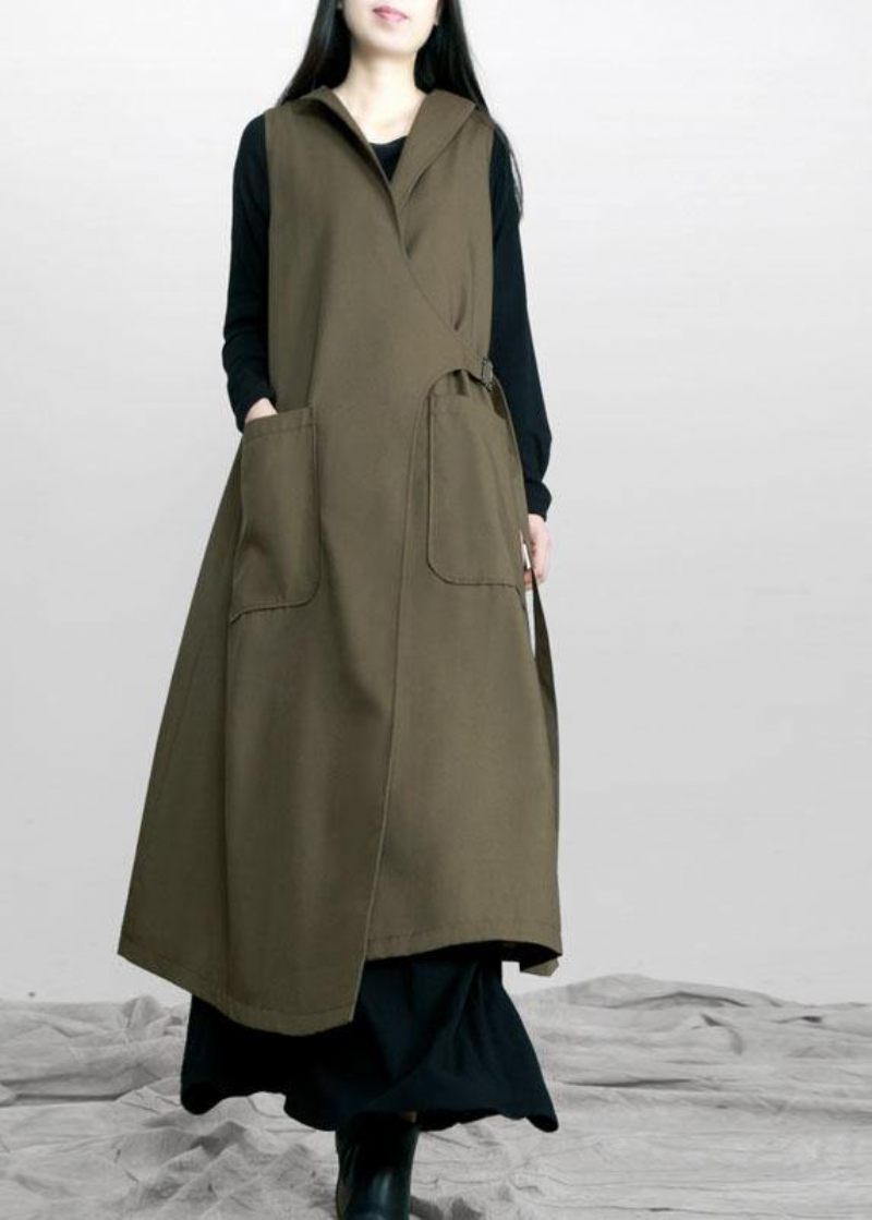 Boho Army Green Asymmetrisk Designfickor Fall Long Väst - Trenchcoats för kvinnor