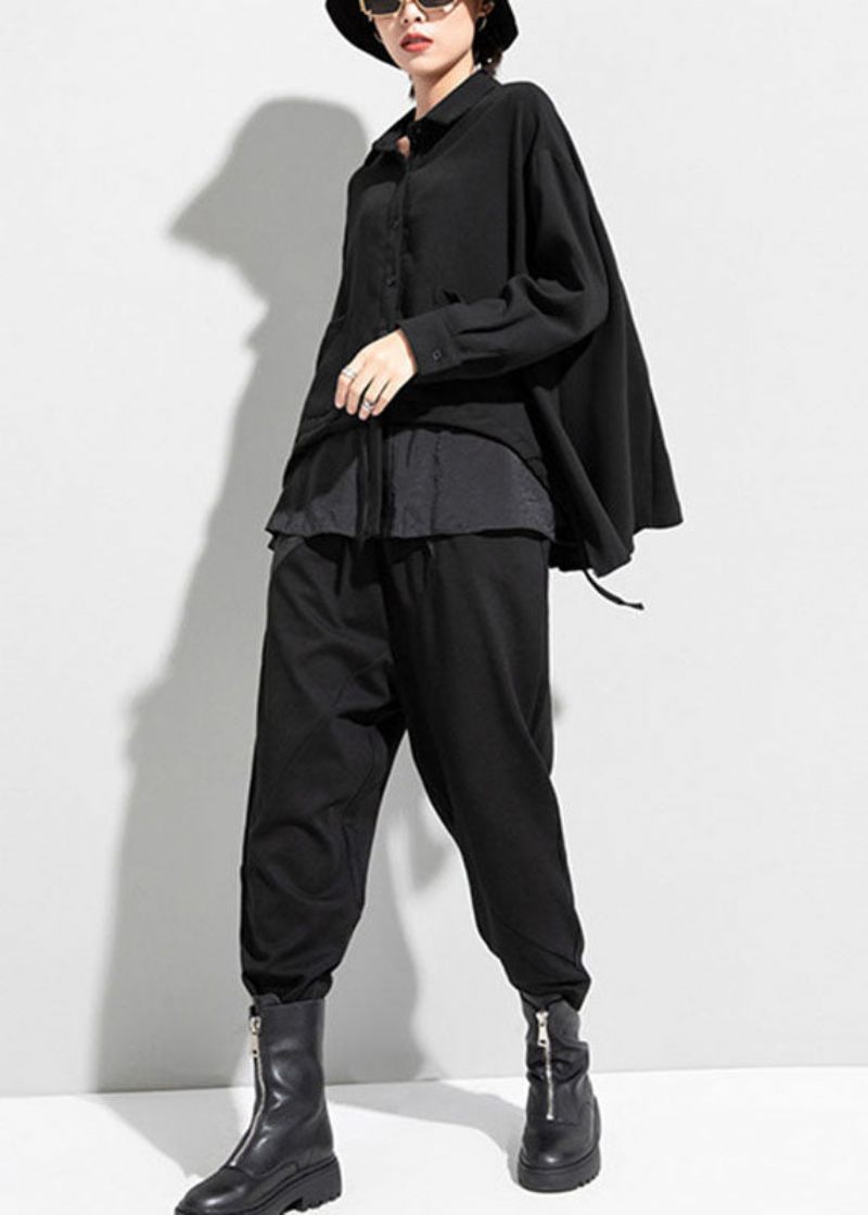 Boho Black Button Asymmetrisk Design Fall Långärmad Kappa - Svart