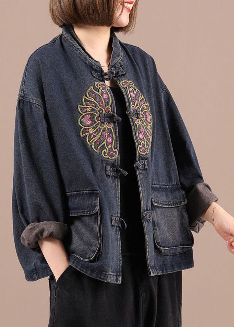 Boho Black Button Broderade Fickor Fall Denim Jackor - Dunjackor för kvinnor