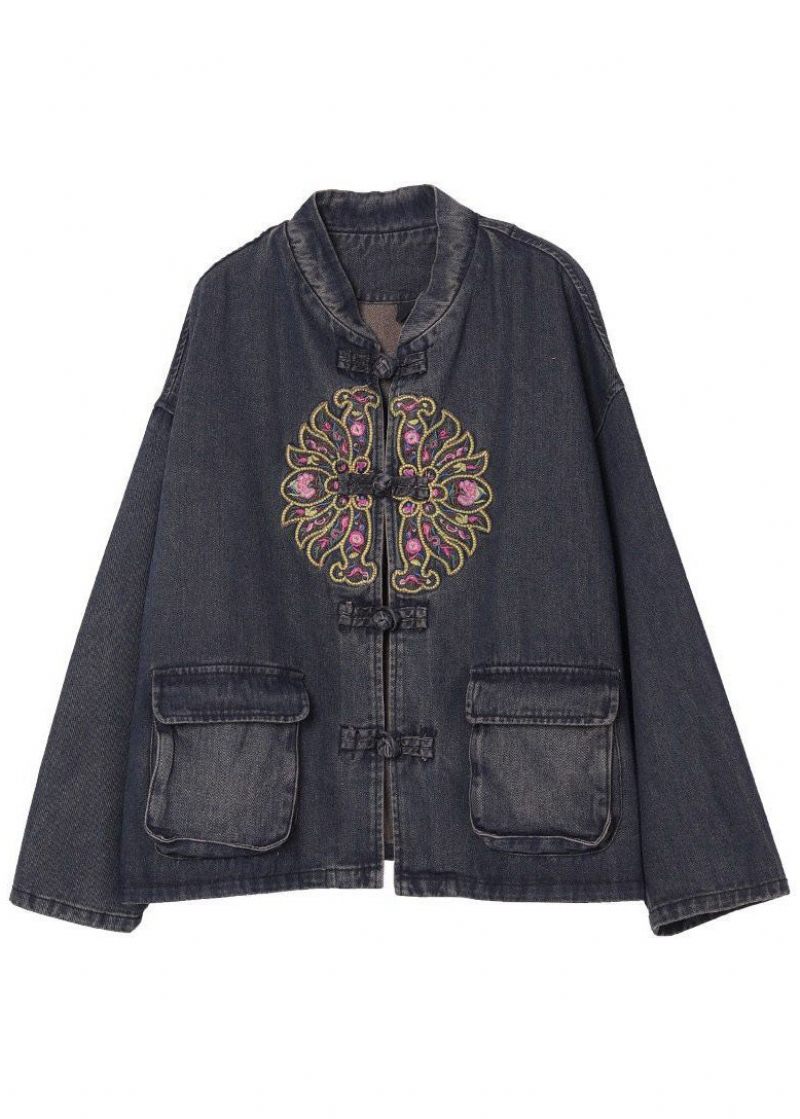 Boho Black Button Broderade Fickor Fall Denim Jackor - Dunjackor för kvinnor