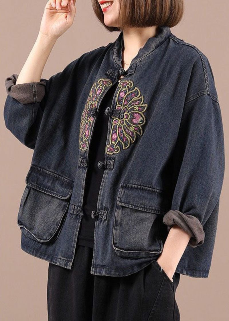 Boho Black Button Broderade Fickor Fall Denim Jackor