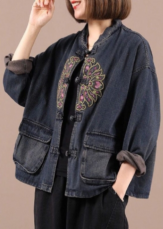 Boho Black Button Broderade Fickor Fall Denim Jackor