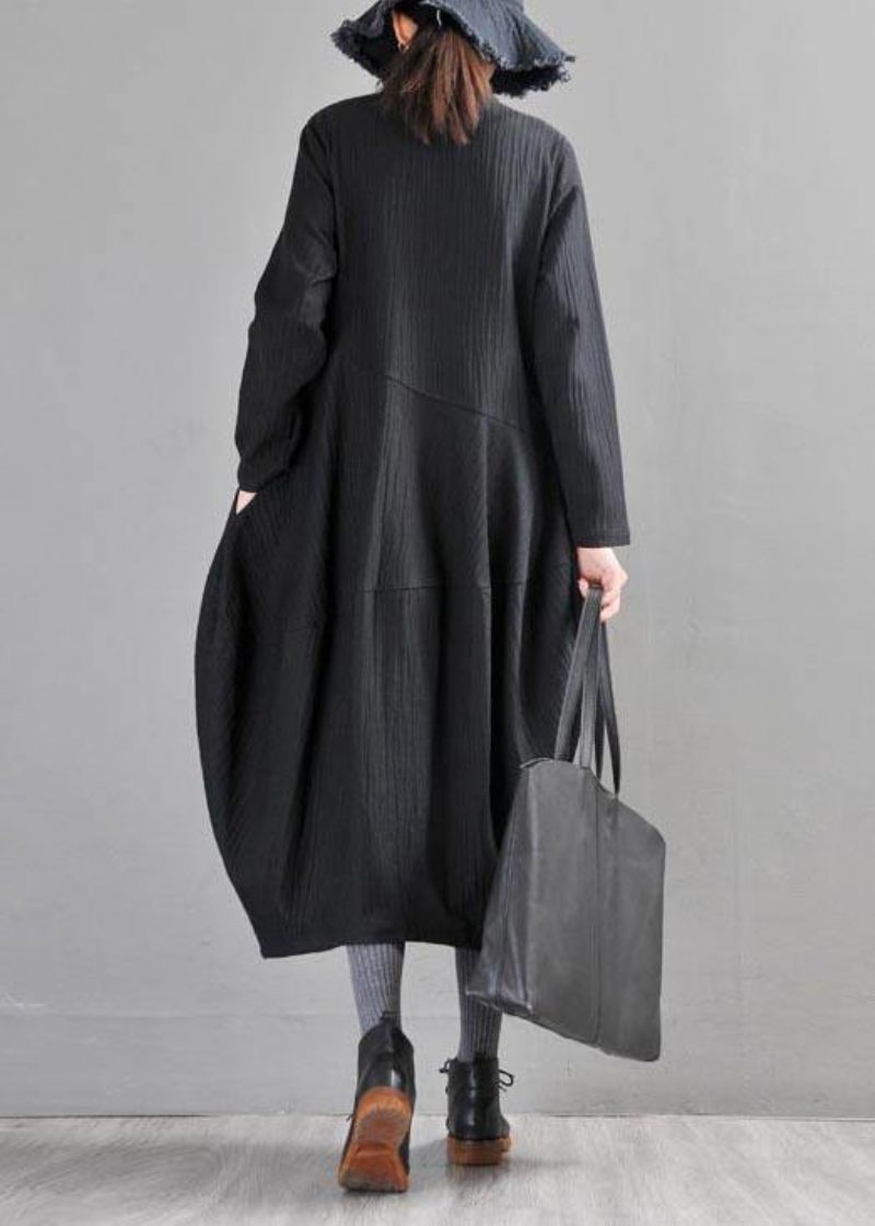 Boho Black Button Long Trench Coat I Linne - Svart