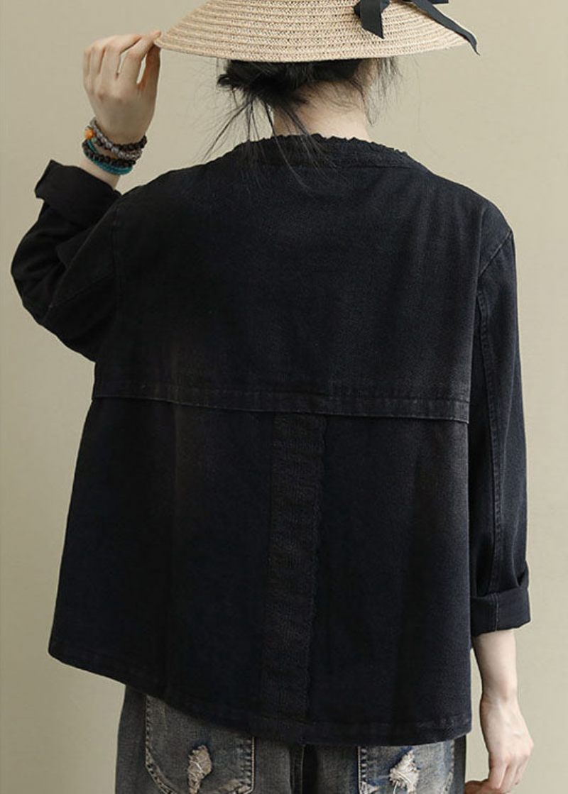 Boho Black Casual Button Brodered Fall Denim Coat - Svart