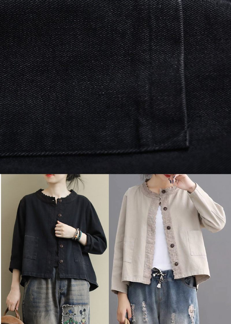 Boho Black Casual Button Brodered Fall Denim Coat - Svart