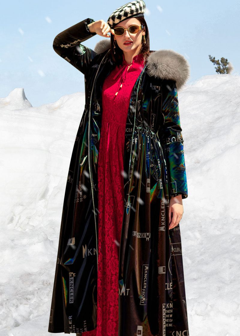 Boho Black Fox Krage Dragsko Brevtryck Duck Down Puffers Jackor Vinter - Dunjackor för kvinnor