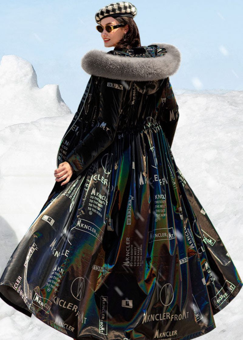 Boho Black Fox Krage Dragsko Brevtryck Duck Down Puffers Jackor Vinter - Dunjackor för kvinnor